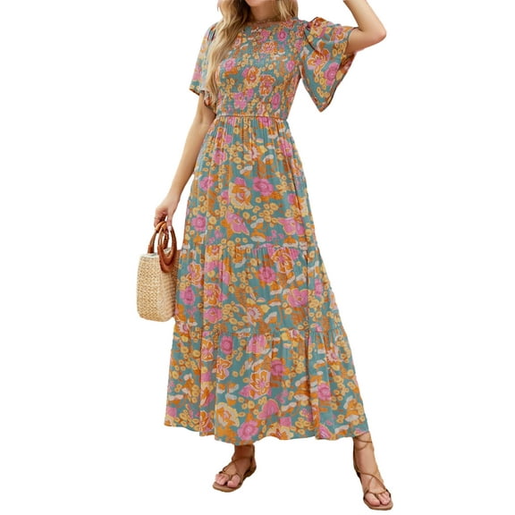 SANOPY Women's 2025 Summer Boho Maxi Dress Vacaton & Daily Floral Print Short Flutter Sleeve Crew Neck Smocked High Waist Flowy Layel Hem A-Line Pastoralism Dress