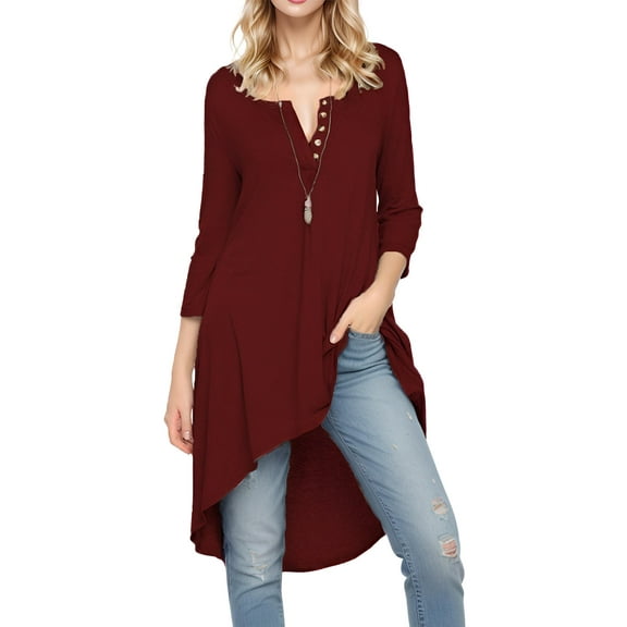 SANOPY Women's 3/4 Sleeve Button V Neck High Low Loose Fit Casual Long Tunic Tops Tee Shirts M-3XL
