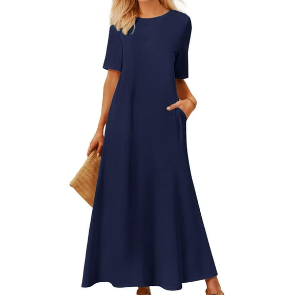 SANOPY Women's Basic Summer Maxi T-shirt Dress Casual Short Sleeves Crewneck Beach Vacation A-Line Long Dress with Pockets