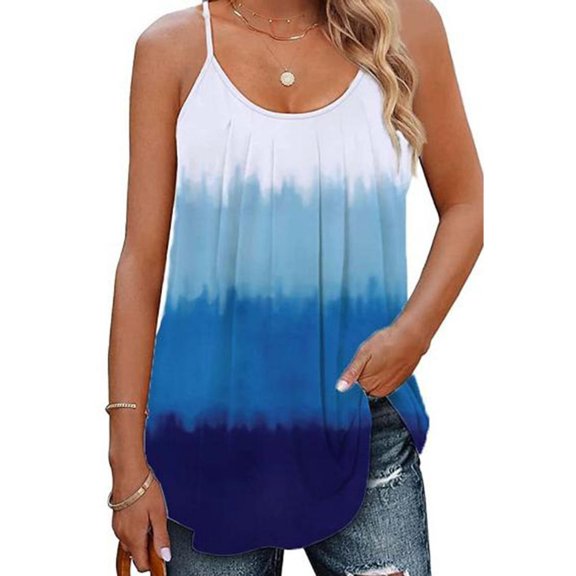 SANOPY Women's Blue Ombre Spaghetti Strap Tank Top, V-Neck Gradient Sleeveless Blouse, Loose Fit Summer Camisole with Pleated Detail XL