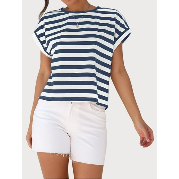 SANOPY Women's Boxy Short Sleeve Tee – Striped & Solid Casual Multi-Occasion Top