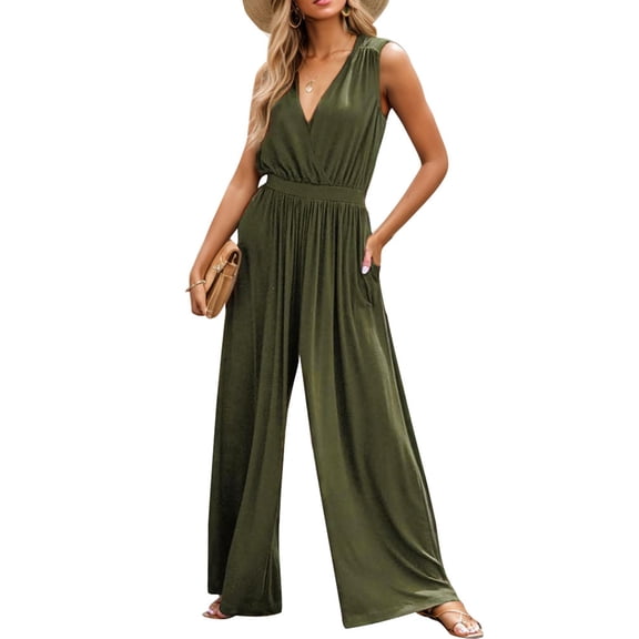SANOPY Women's Casual Elegant Sleeveless Jumpsuit Wrapped V Neck Dressy One Piece Romper Outfits Pleated Design