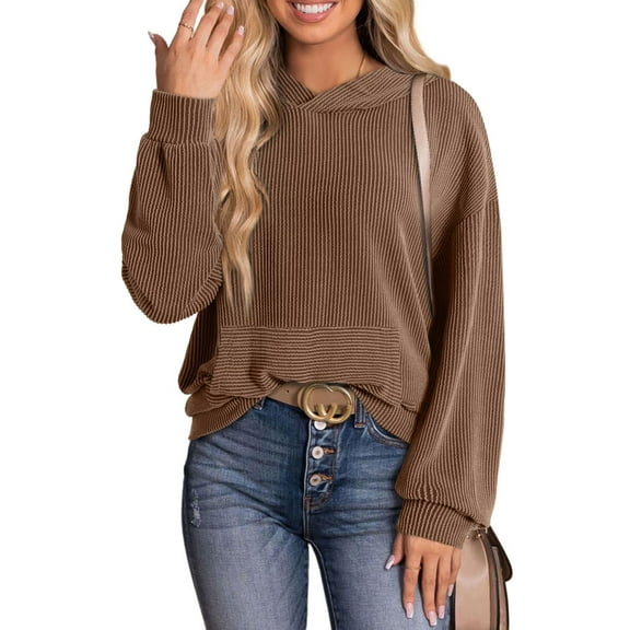SANOPY Women's Casual Ribbed Pullover Hoodies Loose Fit Long Sleeve Front Pockets Sweatshirts Fall & Winter Daily Wear