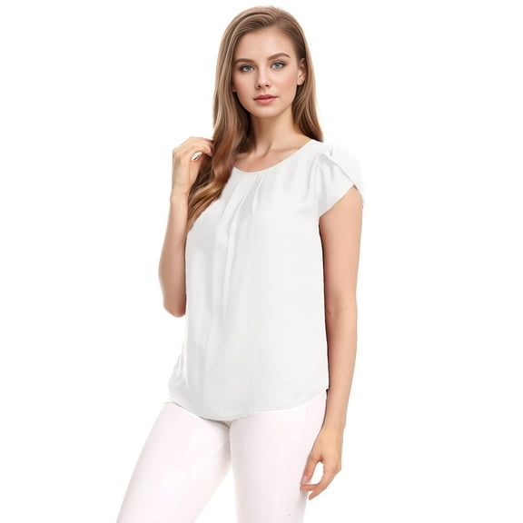 SANOPY Women's Casual Round Neck Basic Pleated Top Cap Sleeve Curved Keyhole Back Chiffon Blouse