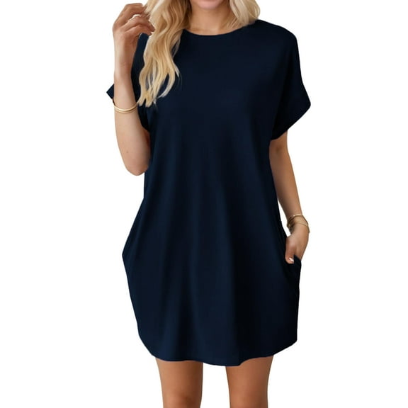 SANOPY Women's Casual Solid Mini T-shirt Dress Loose Fit Crew Neck Batwing Short Sleeve Flowy Dress