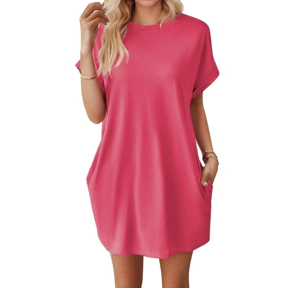 SANOPY Women's Casual Solid Mini T-shirt Dress Loose Fit Crew Neck Batwing Short Sleeve Flowy Dress