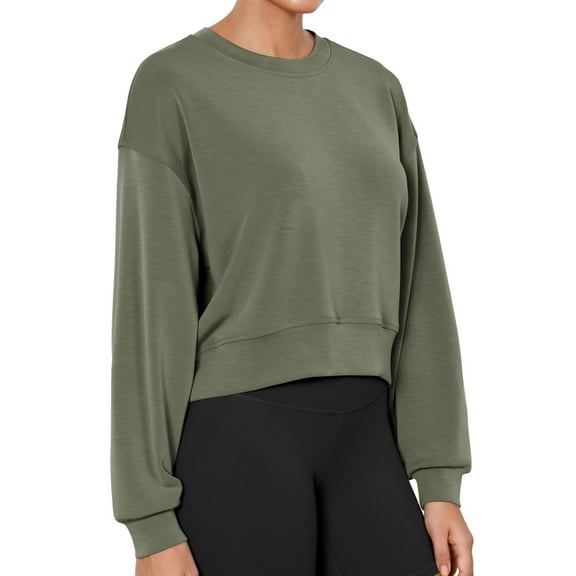 SANOPY Women's Casual Solid Sweatshirts Soft Crew Neck Long Sleeve Cropped Tops Fall Daily Pullover Tops