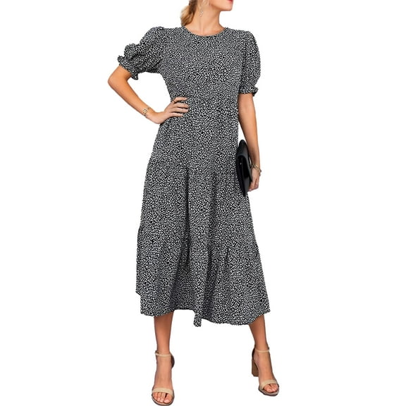 SANOPY Women's Casual Summer Ditsy Print A-Line Dress Boho Midi Sun Dress Puff Short Sleeve Flowy Beach Vacation Sundress