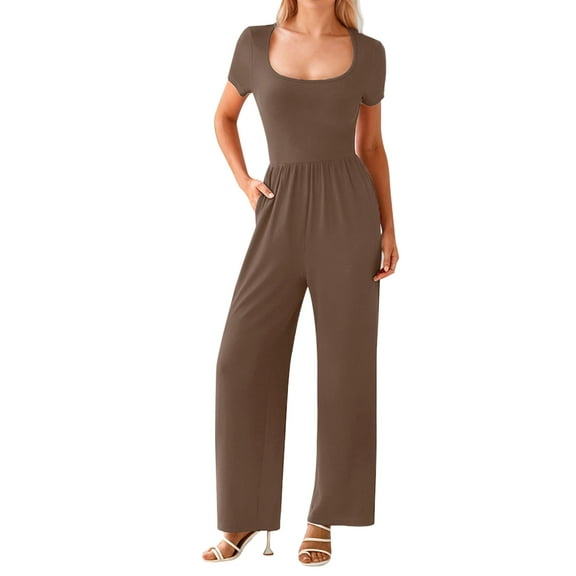 SANOPY Women’s Casual T-shirt Jumpsuits with Pockets Square Neck Short Sleeves Straight Pants Elastic Rompers Daily Wear