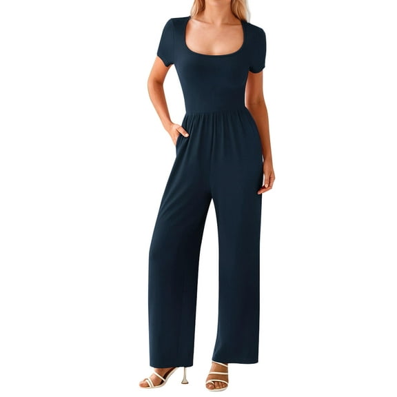 SANOPY Women’s Casual T-shirt Jumpsuits with Pockets Square Neck Short Sleeves Straight Pants Elastic Rompers Daily Wear