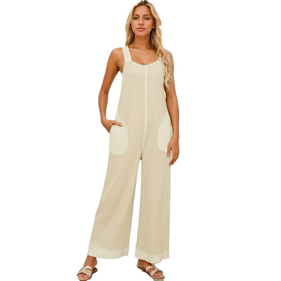 SANOPY Women’s Casual Waffle Knit Jumpsuits Sleeveless Summer One Piece Outfits Overalls Cute Wide Leg Rompers