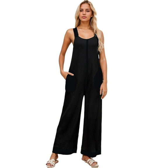 SANOPY Women’s Casual Waffle Knit Jumpsuits Sleeveless Summer One Piece Outfits Overalls Cute Wide Leg Rompers