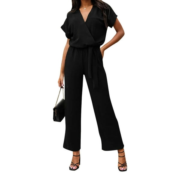 SANOPY Women's Chic Business Jumpsuits V-Neck Short Sleeves Waist Belted Wrap One Piece Fashion Dressy Romper with Pockets