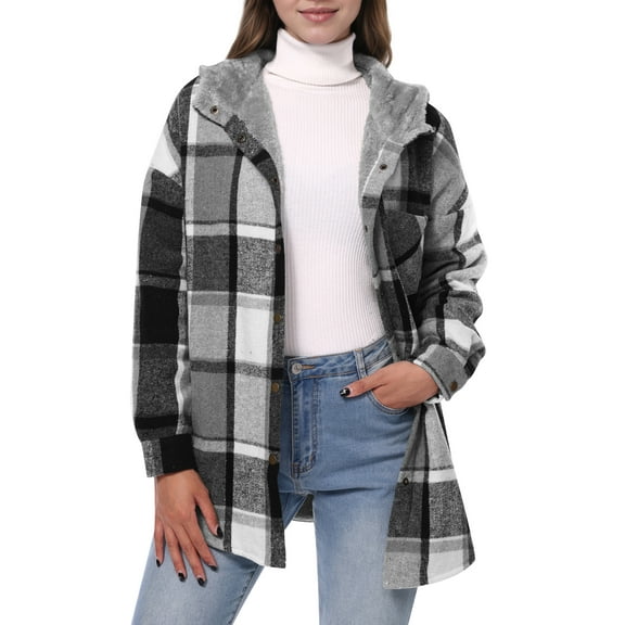 SANOPY Women's Cozy Plaid Shacket Jacket - Fleece Hooded Long Sleeve Button Down Fall Winter Coat