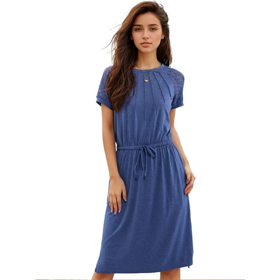 SANOPY Women's Crewneck Raglan Lace Short Sleeve Drawstring Waist Dress Going Out Fashion 2025 Trendy Cute