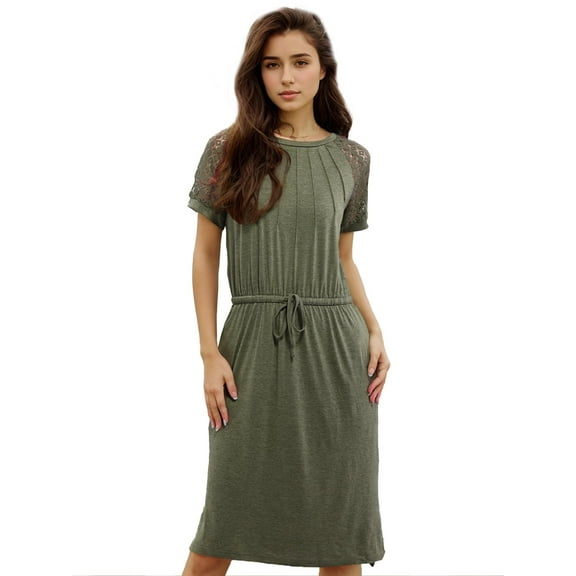 SANOPY Women's Crewneck Raglan Lace Short Sleeve Drawstring Waist Dress Going Out Fashion 2025 Trendy Cute