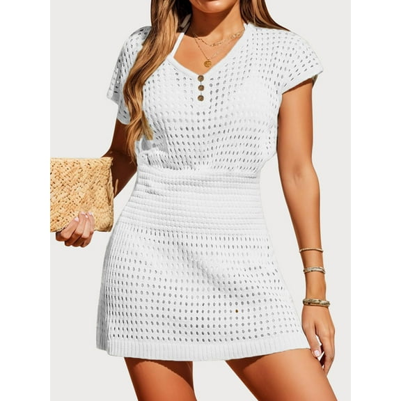 SANOPY Women's Crochet Cover-Up Dress – V-Neck Button-Detail Beach Pool Boho Mini Dress