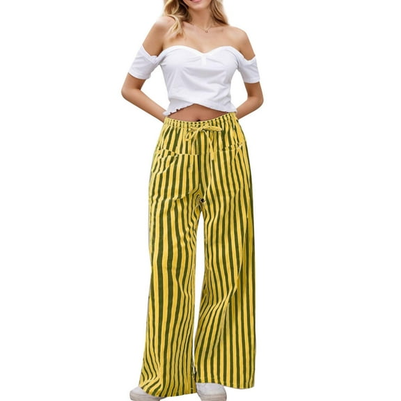 SANOPY Women's Drawstring Striped Wide Leg Casual Pants Striped Low Waist Casual Loose Casual Pants with Pockets