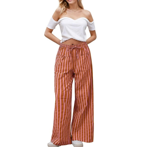 SANOPY Women's Drawstring Striped Wide Leg Casual Pants Striped Low Waist Casual Loose Casual Pants with Pockets