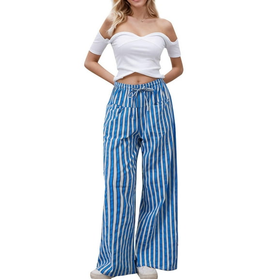 SANOPY Women's Drawstring Striped Wide Leg Casual Pants Striped Low Waist Casual Loose Casual Pants with Pockets