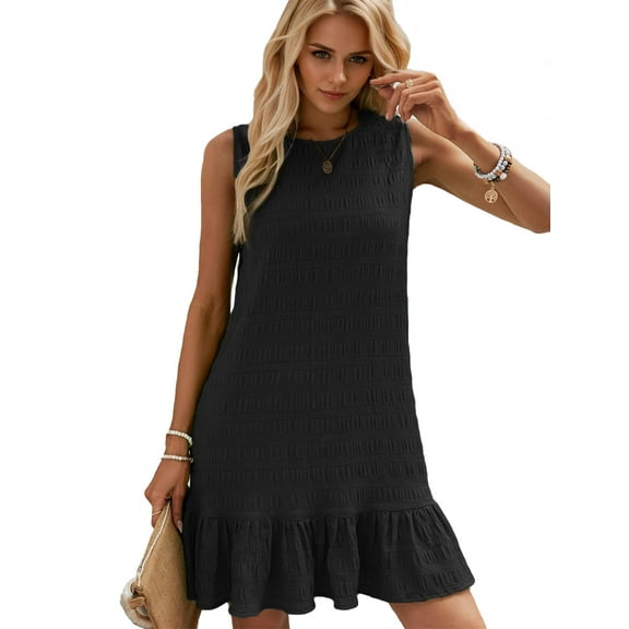 SANOPY Women's Elegant Texture Mini Tank Dress Round Neck Sleeveless Ruffle Hem Casual Smock Summer Dresses