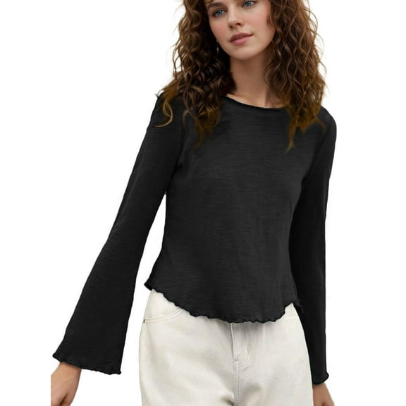 SANOPY Women's Flare Long Sleeve Tunic Top Crewneck Lettuce Trim Casual Trendy Cute Fashion 2025