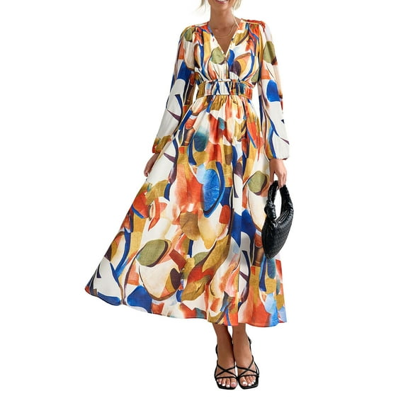 SANOPY Women's Floral A-Line Midi Dress Colorful Fall V Neck Long Sleeve Flowy Dress Beach Wedding Guest Vacation Dresses