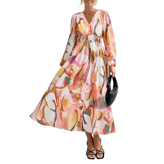 SANOPY Women's Floral A-Line Midi Dress Colorful Fall V Neck Long Sleeve Flowy Dress Beach Wedding Guest Vacation Dresses