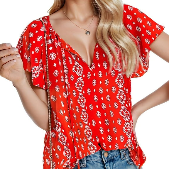 SANOPY Women's Flowy V-Neck Ruffle Blouse – Floral & Patterned Casual Summer Style