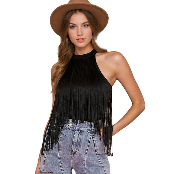 SANOPY Women's Fringe Trim Sleeveless Bodysuit Chic Sexy Halter Slim Bodysuit Top