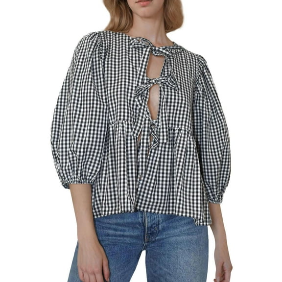 SANOPY Women's Gingham Tie-Front Puff Sleeve Blouse – Casual Dressy Playful Top