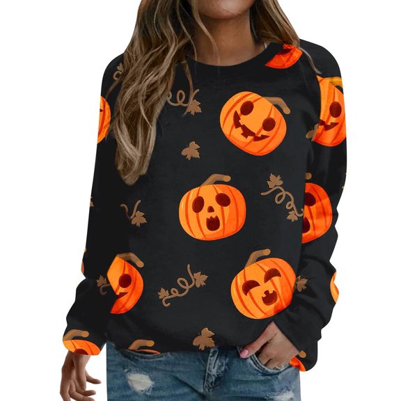 SANOPY Women's Halloween Casual Pullover Tops Pumpkin/ Ghost/Cats Graphic Printed Sweatshirt Crewneck Long Sleeve Loose Shirt