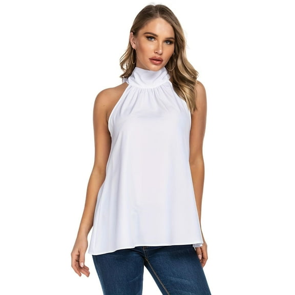 SANOPY Women's Halter Neck Sleeveless Blouse, Mock Neck Flowy Tank Top, Casual Loose Fit Chiffon Shirt for Summer White L