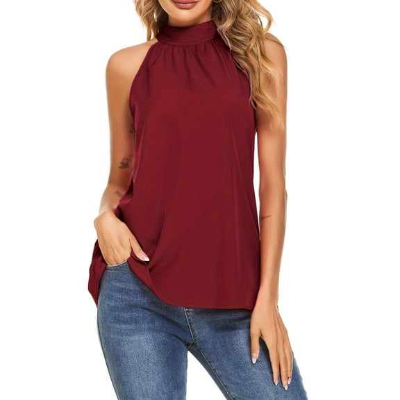 SANOPY Women's Halter Neck Sleeveless Blouse, Mock Neck Flowy Tank Top, Casual Loose Fit Chiffon Shirt for Summer Wine Red L