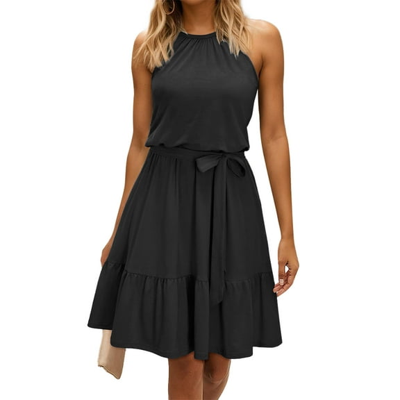 SANOPY Women's Halter Neck Sleeveless Swing Dress with Belt, Tiered Ruffle Hem Casual Midi Dress Black XL