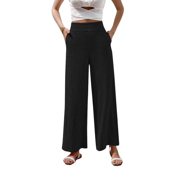 SANOPY Women's High Waisted Linen Wide Leg Pants with Pockets, Loose Casual Flowy Trousers for Beach Daily Wear