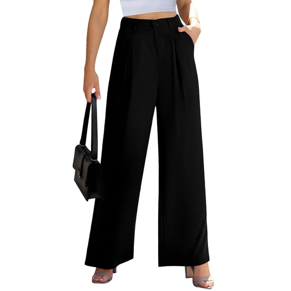 SANOPY Women's High Waisted Pleated Wide Leg Pants with Pockets, Elegant Office Casual Trousers for Work Daily Wear
