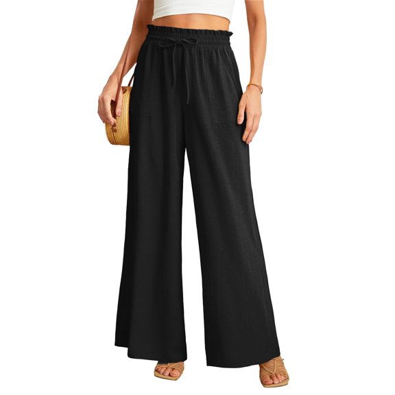 SANOPY Women's High Waisted Ruffle Drawstring Wide Leg Pants with Pockets, Casual Loose Flowy Trousers for Daily Vacation Wear