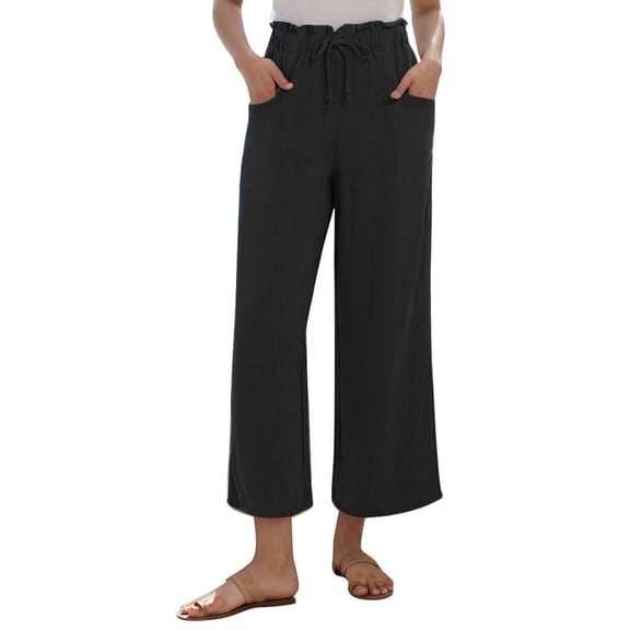 SANOPY Women's High Waisted Wide Leg Cropped Pants with Pockets, Elastic Drawstring Ruffle Waist Casual Trousers