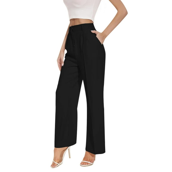 SANOPY Women's High Waisted Wide Leg Dress Pants with Pockets, Black Formal Casual Trousers for Office Work and Daily Wear