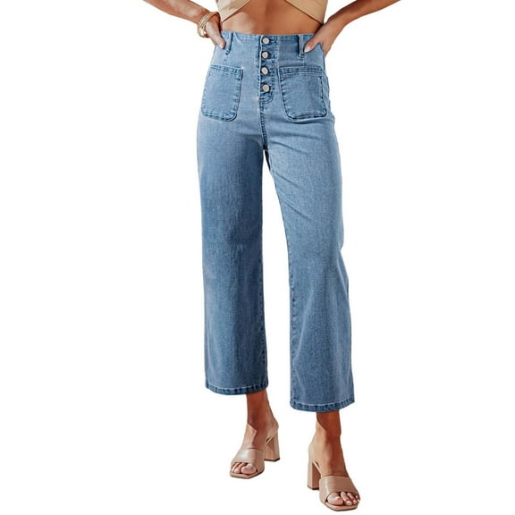 SANOPY Women's High Waisted Wide Leg Jeans Button Front Cropped Denim Pants with Pockets