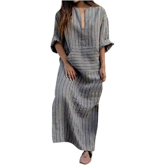 SANOPY Women's Linen Striped V Neck Caftans 3/4 Sleeve Casual Loose Maxi Beach Dress with Pockets