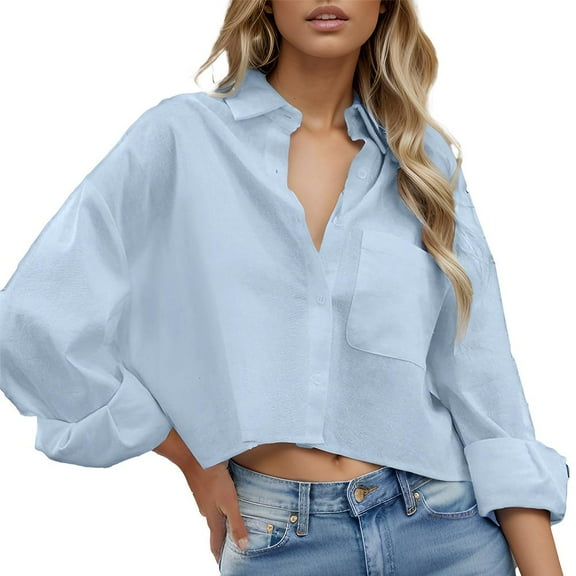 SANOPY Women's Oversized Cropped Button Down Shirt – Long Sleeve Collared Top for Spring & Fall