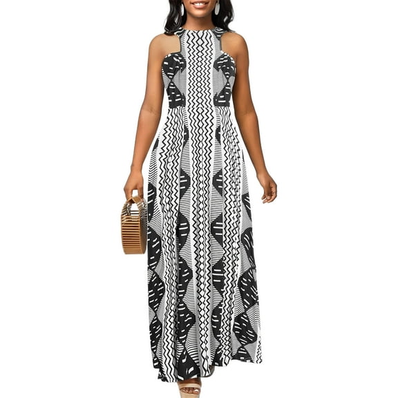 SANOPY Women's Print Maxi Dress Sleeveless Halter Neck Tribal Geometric Pattern Evening Party Long Dress Black S