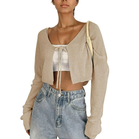 SANOPY Women's Ribbed Knit Cropped Cardigan Tie Front Long Sleeve Open Front Top