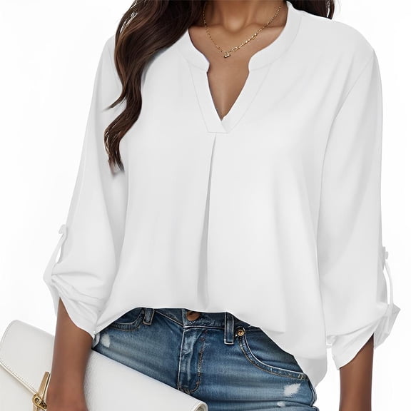 SANOPY Women's Roll-Tab Sleeve V-Neck Blouse – Casual Dressy Everyday Top