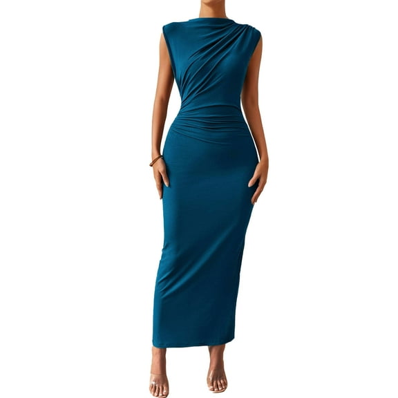 SANOPY Women's Ruched Bodycon Dress Slim Style Chic Summer Sleeveless Back Slit Elegant Club Evening Party Cocktail Maxi Dresses