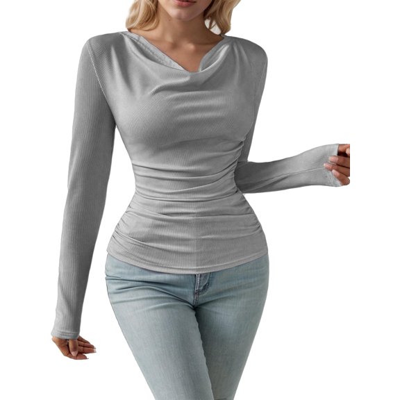 SANOPY Women's Ruched Cowl Neck Long Sleeve T Shirt Slim Fit Casual Tee Tops Light Gray XL
