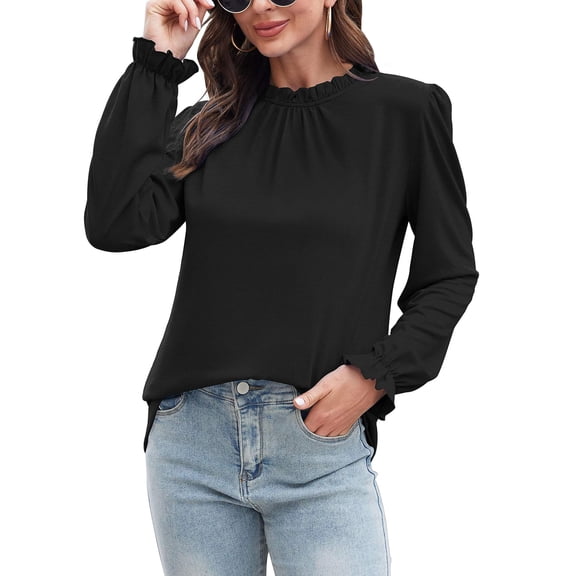 SANOPY Women's Ruffle Mock Neck Puff Sleeve Blouse – Long Sleeve Keyhole Back Casual & Dressy Top