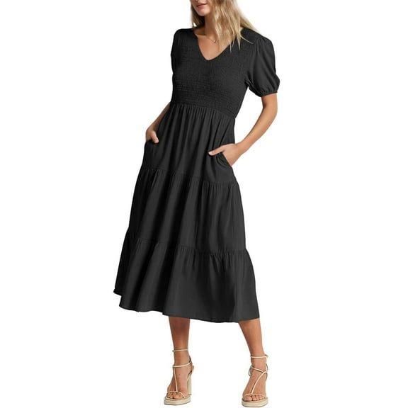SANOPY Women's Smocked Flutter Short Sleeve Midi Dress Summer V Neck Pleated Layered Dress Black S